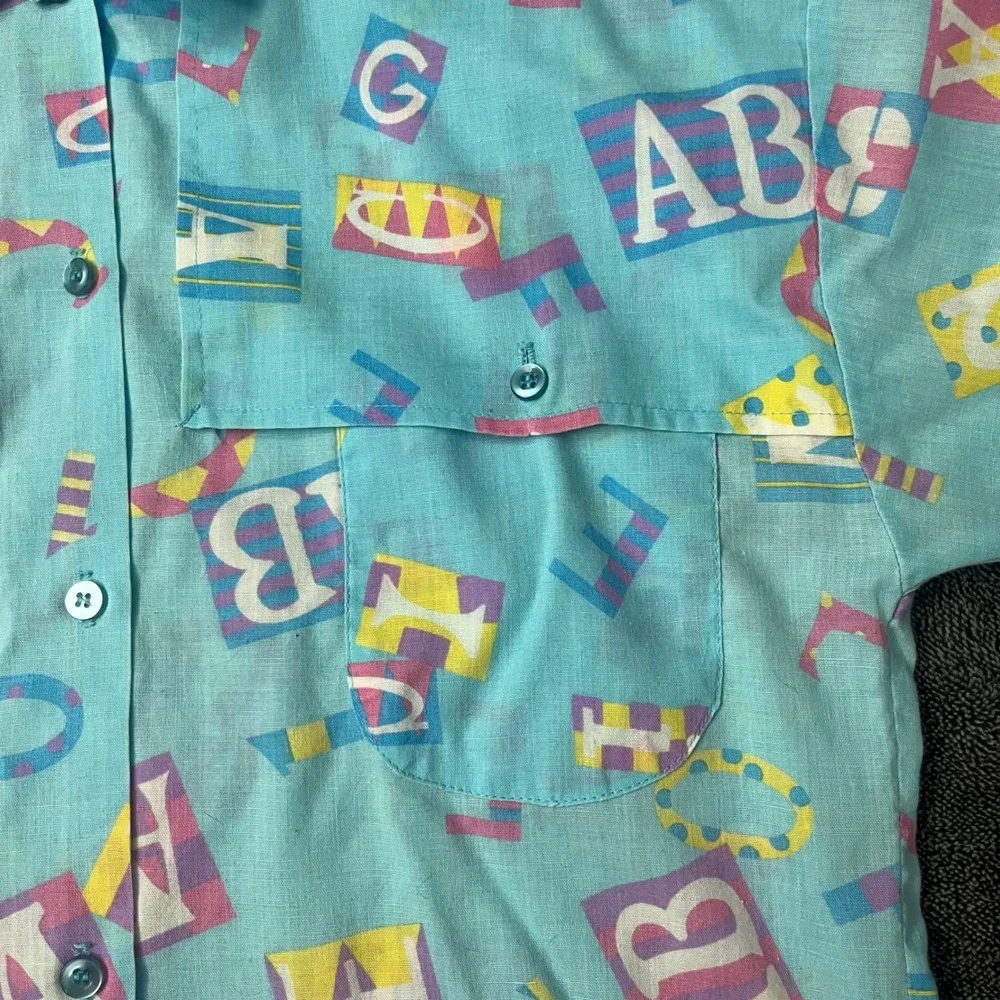 90's Vintage Land n Sea Kids Alphabet Block Print Button Down Shirt Blue Size 12